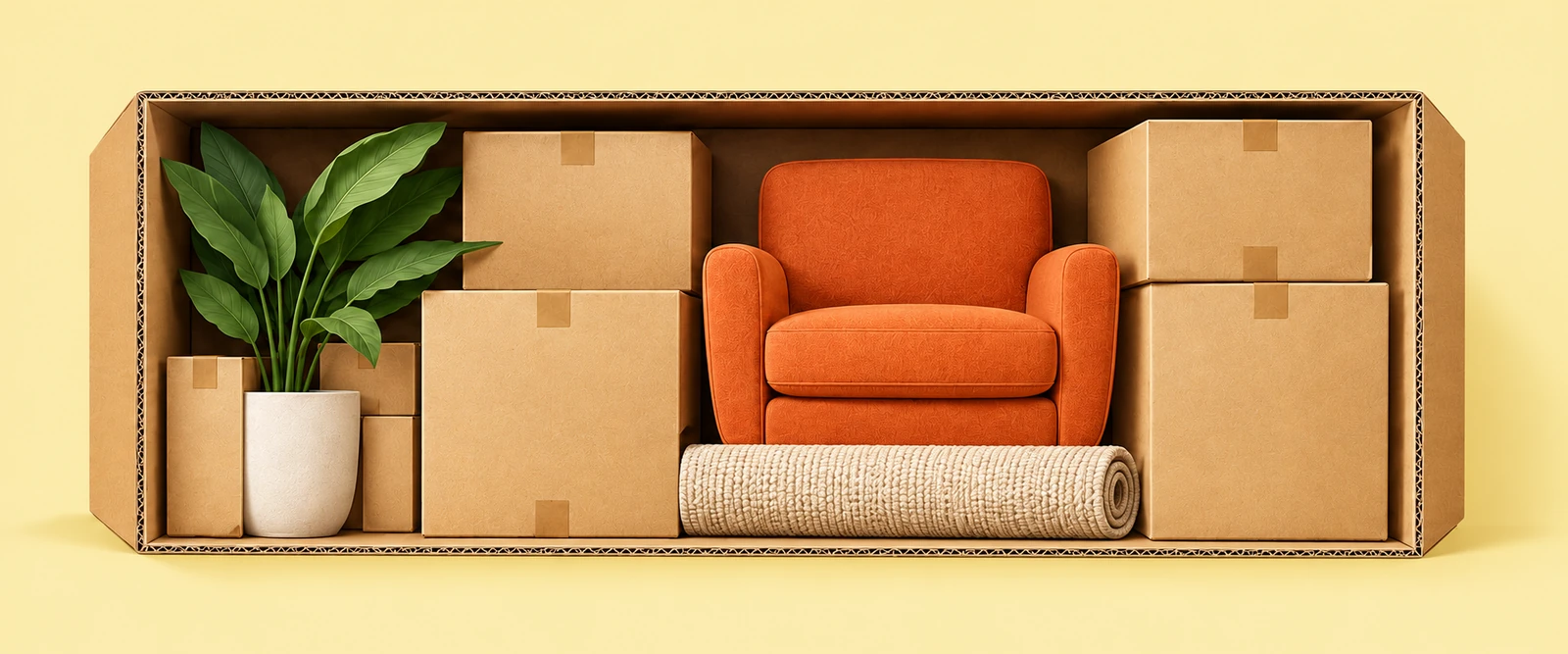 An orange armchair, boxes, rolled rug and decorative plant neatly arranged in an open cardboard container